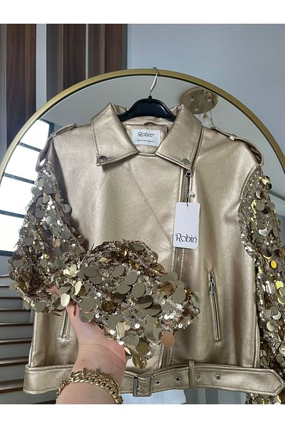 Robin Gold Sequin Detailed Leather Jacket