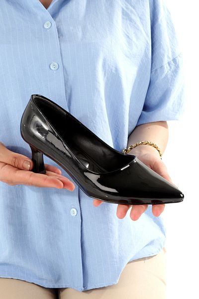 Modabuymus Kandy Black Patent Leather Short Heeled Stiletto Shiny Women's Evening Dress Shoes