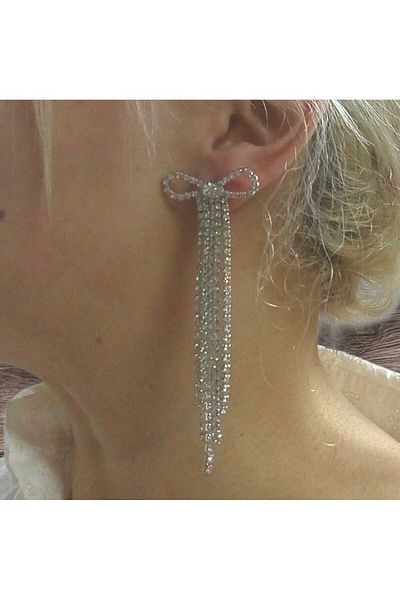 mos&more White Stone Dangle Bow Sparkly Long Women's Evening Dress Earrings, Tassel Earrings, Waterway