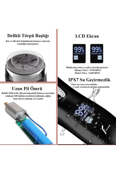 VERYFİT Şarj Edilebilir 2 Kademeli 3 Başlıklı Yıkanabilir Nasır Giderici Ayak Bakım Seti Ayak Törpüsü