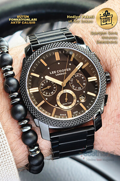 Lee Cooper Orijinal Lee Cooper Renkli Cam Full Siyah Çelik Kordon Fonksiyonlu Takvimli Erkek Kol Saati