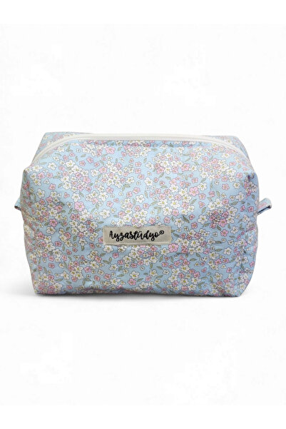 Ayza Stüdyo Mavi Çıtır Çiçekli Büyük Boy Makyaj Aksesuar Çantası