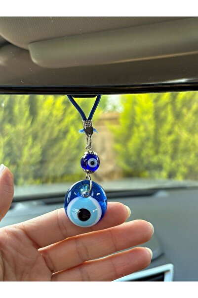 Azrua مرآة سيارة دائرية مطرزة باللون الأزرق الداكن، زينة مرآة السيارة، حامي العين الشريرة