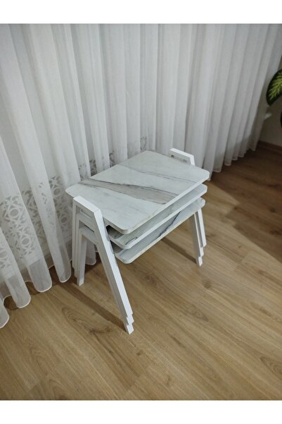 GÜVENÇ Zigon Sehpa 3'Lü Mermer Desenli Tepsi Model