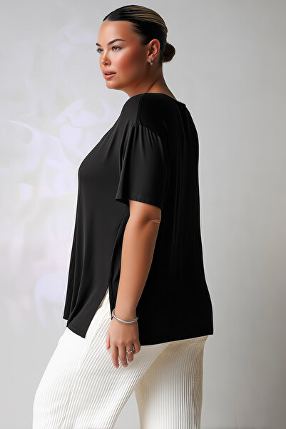 Hanezza Kadın Büyük Beden Yanı Yırtmaçlı Siyah Pamuklu Viskon T- Shirt (oeko-...