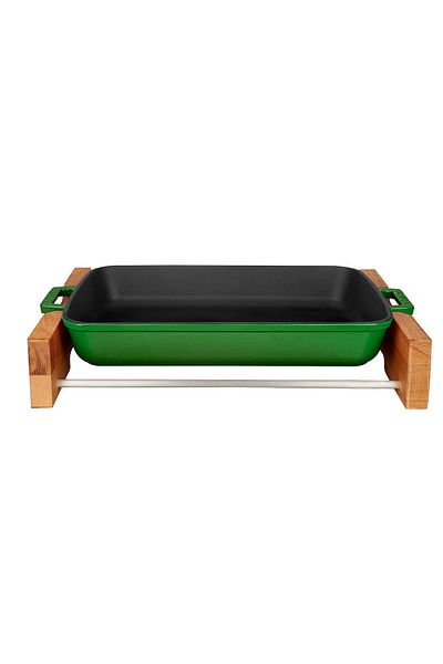 Lava Double Handle Cast Iron Solid - Rectangular Rosto and Baking Tray, Beech Serving Wood
