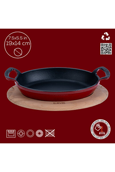 Lava Döküm Oval Sahan Döküm Demir Yekpare Çift Kulplu Kayın Servis Ahşabı Ölçü 19x14cm.