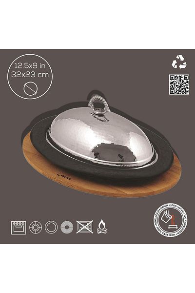 Lava Cast Oval Doner, Kebab Plate, Beech Serving Wood and Copper Forged Formed Lid Size 32x23cm