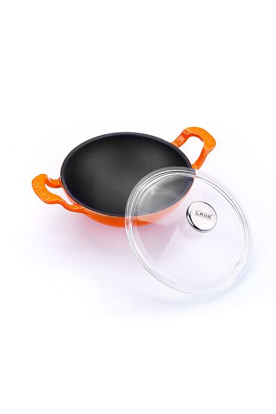 Lava Cast Mini Wok with Solid Handle and Glass Lid Diameter(Ø)16cm