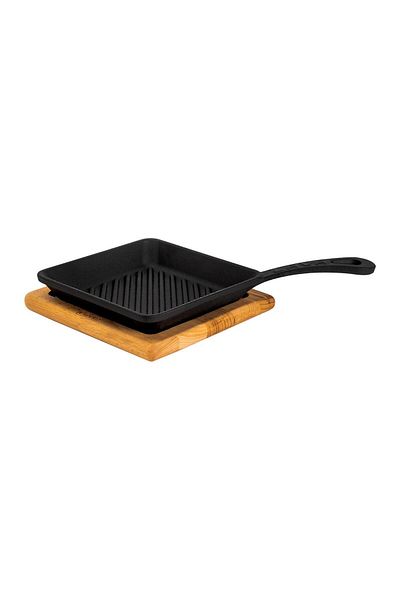 Lava Cast Iron Mini Square Grill Pan with Beech Wooden Base Cast Iron Solid Handle Size 16x16cm