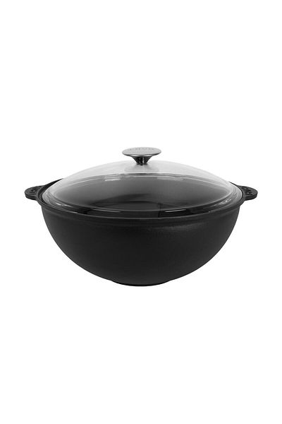 Lava Cast Round Glass Lid Uzbek Kazan / Pot. Cast Iron Solid Handle Diameter (Ø) 30 Cm.