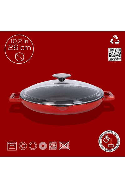 Lava Cast Round Frying Pan with Glass Lid Cast Iron Solid Double Handle Diameter(Ø)26cm