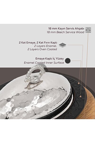 Lava Döküm Oval Döner, Kebap Tabağı Kayın Servis Ahşabı Ve Bakır Dövme Formlu Kapak Ölçü 32x23cm.