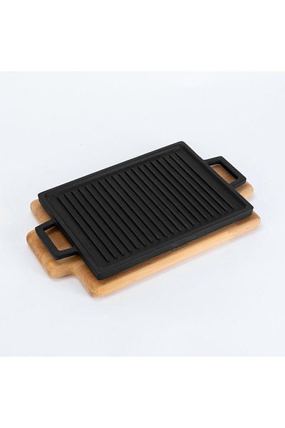Lava Cast Rectangular Double-Way Grill And Flat Surface Hot Plate Beech Serving Wood Size 22x15cm