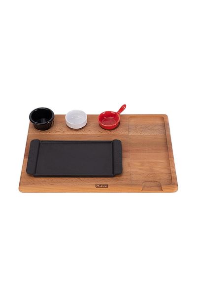 Lava Cast Rectangular Serving Plate and Wooden BaseBlack ColorSize 13x25cm(Sauce Containers for This Product