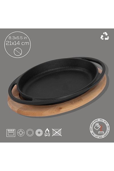 Lava Cast Oval Sahan Cast Iron Solid Double Handle Beech Serving Wood Size 21x14cm