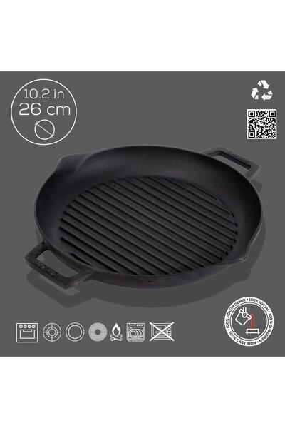Lava Döküm Yuvarlak Izgara Tavası Döküm Demir Yekpare Çift Kulplu Çap(Ø)26cm.