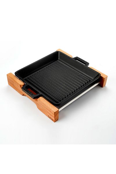 Lava Cast Square Grill Pan Beech Serving Wood Cast Iron Solid Double Handle Size 26x26cm