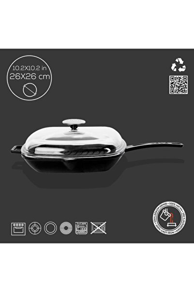 Lava Döküm Kare Izgara Tava Cam Kapaklı Döküm Demir Yekpare Saplı Ölçü 26x26cm.