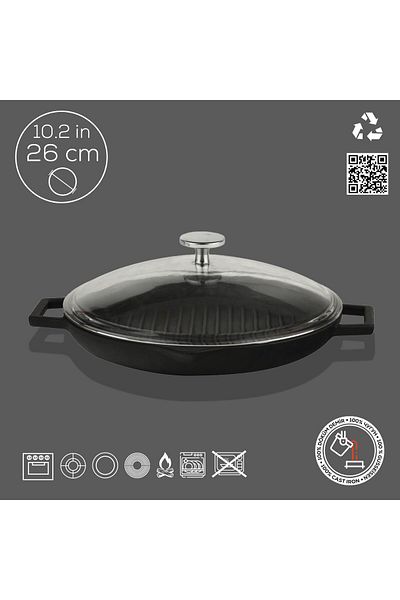 Lava Cast Round Grill Pan with Glass Lid Cast Iron Solid Double Handle Diameter (Ø)26cm.