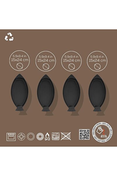 Lava Döküm 4 Lü Set Balık Tabağı Döküm Demir Yekpare Kulplu Ölçü 15x24cm.