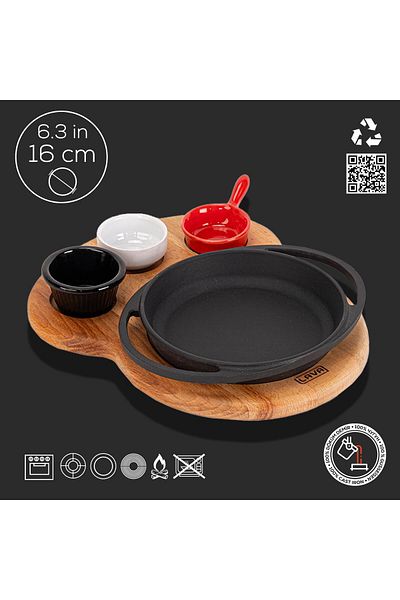 Lava Iron Solid Double Handle Cast Round Pan - Beech Serving Wooden Diameter (Ø)16Cm