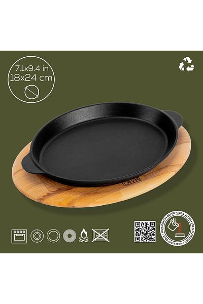 Lava Cast Oval Fajita Plate Cast Iron Solid Double Handle Beech Serving Wood Size 18x24cm