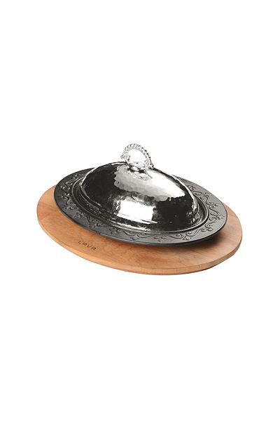 Lava Cast Oval Doner, Kebab Plate, Beech Serving Wood and Copper Forged Formed Lid Size 28x20cm