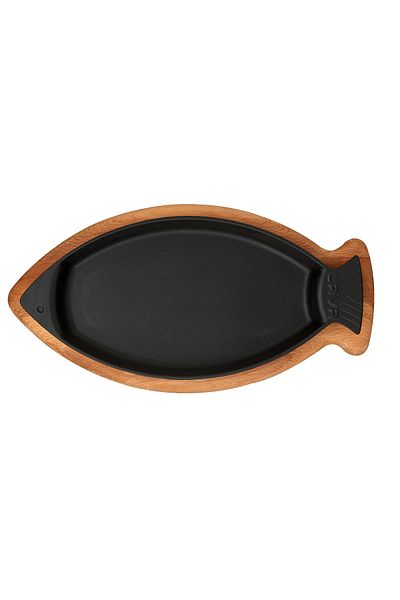Lava Casting Fish Plate Cast Iron Solid Handle Beech Serving Wood Size 15x24cm