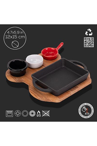 Lava Cast Rectangular Sahan Cast Iron Solid Double Handle Beech Serving Wood Size 12x15cm(sos K