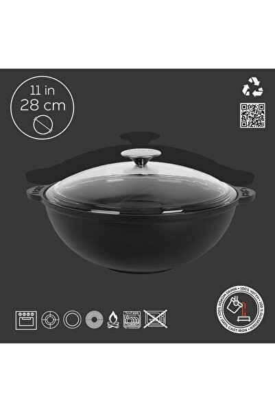 Lava Döküm Yuvarlak Cam Kapaklı Özbek Kazanı / Tencere. Döküm Demir Yekpare Kulplu Çap(Ø)28 Cm.