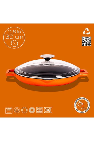 Lava Cast Round Frying Pan with Glass Lid Cast Iron Solid Double Handle Diameter(Ø)30cm