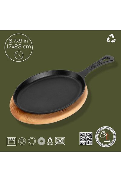 Lava Cast Oval Fajita Plate Cast Iron Solid Handle Beech Serving Wood Size 17x23cm