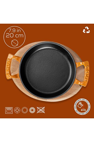 Lava Döküm Yuvarlak Sahan Döküm Demir Yekpare Çift Kulplu Kayın Servis Ahşabı. Çap(Ø)20cm.