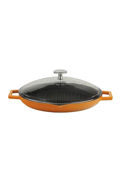 Lava Cast Round Grill Pan with Glass Lid Cast Iron Solid Double Handle Diameter (Ø)26cm.