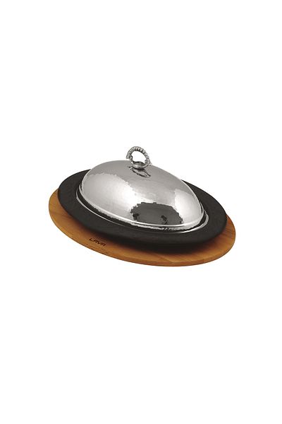 Lava Cast Oval Doner, Kebab Plate, Beech Serving Wood and Copper Forged Formed Lid Size 32x23cm