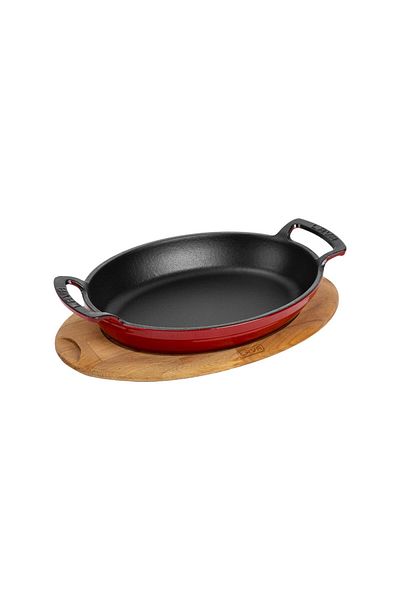 Lava Cast Oval Sahan Cast Iron Solid Double Handle Beech Serving Wood Size 23x17cm