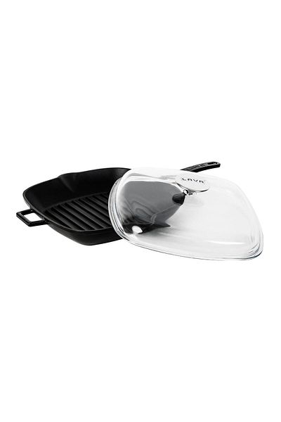 Lava Cast Square Grill Pan with Glass Lid Cast Iron Solid Handle Size 28x28cm