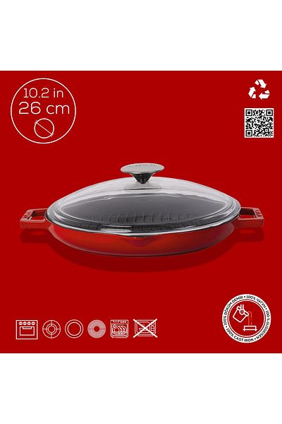 Lava Cast Round Grill Pan with Glass Lid Cast Iron Solid Double Handle Diameter (Ø)26cm.