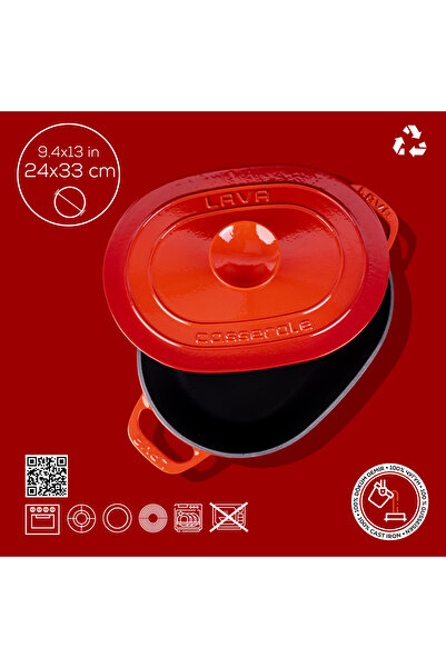 Lava Döküm Oval Tencere Döküm Demir Kapak Experience Serisi Ölçü 24x33cm.