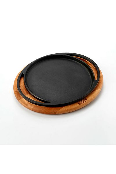 Lava Cast Round Pizza Crepe Pancake Pan Cast Iron Solid Double Handle Beech Serving Wooden Diameter