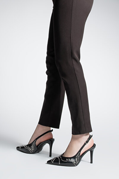 Marjin Women's Stiletto Pointed Toe Trock Studded Open Back Scarf Heeled Shoes Lorfi Black