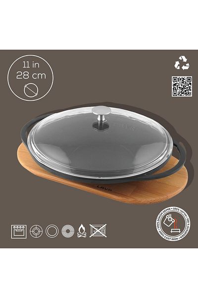 Lava Cast Round Hair Roasting Pan Cast Iron Solid Double Handle Glass Lid Beech Serving Wooden