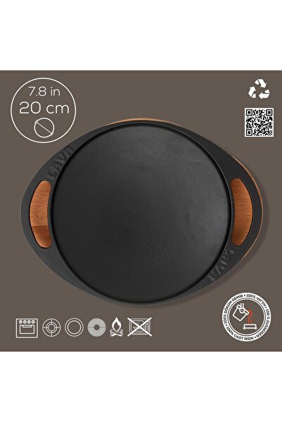 Lava Döküm Yuvarlak Saç Kavurma Tavası Döküm Demir Yekpare Çift Kulplu Kayın Servis Ahşabı Çap(Ø)20c