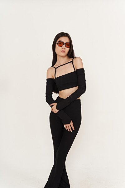 HOLLY LOLLY Crop Model Strappy Langarm Molly Bluse Schwarz