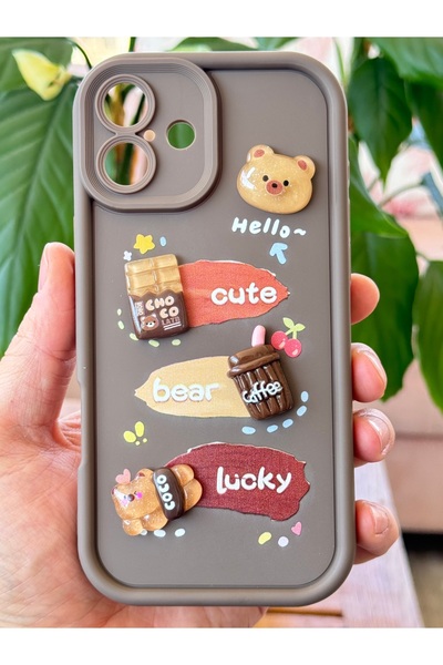 Fibaks Apple iPhone 16 Kılıf Tasarımlı Desenli Kamera Korumalı Ayıcık Kahve Renkli Yumuşak Silikon Kap