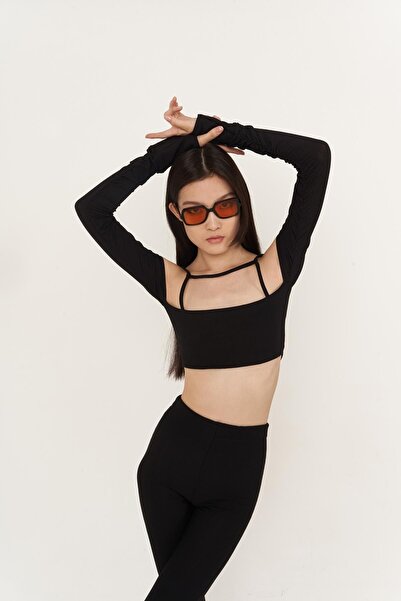 HOLLY LOLLY Crop Model Strappy Langarm Molly Bluse Schwarz