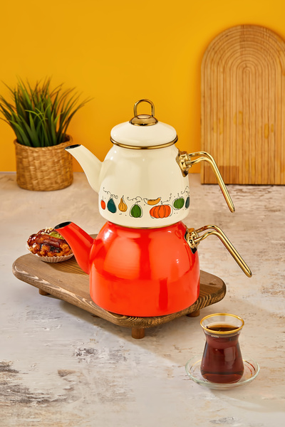 Sezka Life Emaye Çaydanlık Seti Kabak Serisi Emaye Çaydanlık Takımı Krem