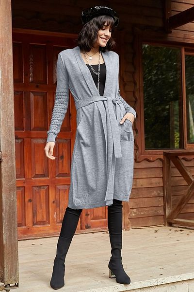 citystyle Anthracite Women's Cardigan - with Waist Tie and Pockets