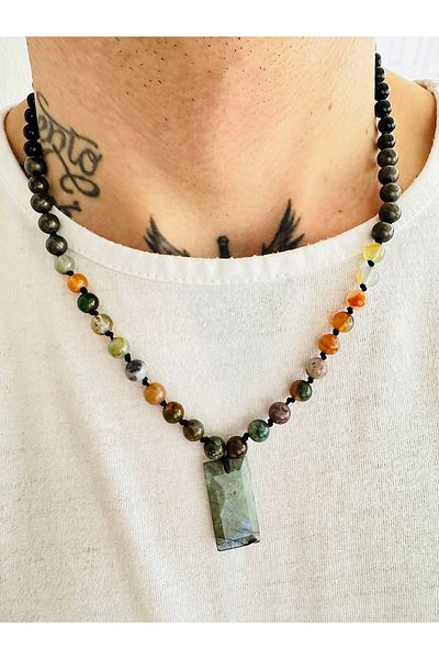 CAPO by Aytaç Yamaç Indian Agate Pyrite Onyx Labradorite Natural Stone Minimalist Rectangle Men's Necklace